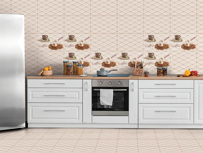 Elegant kitchen setup with coffee-themed tiles on the backsplash, white cabinetry, and a wooden countertop.